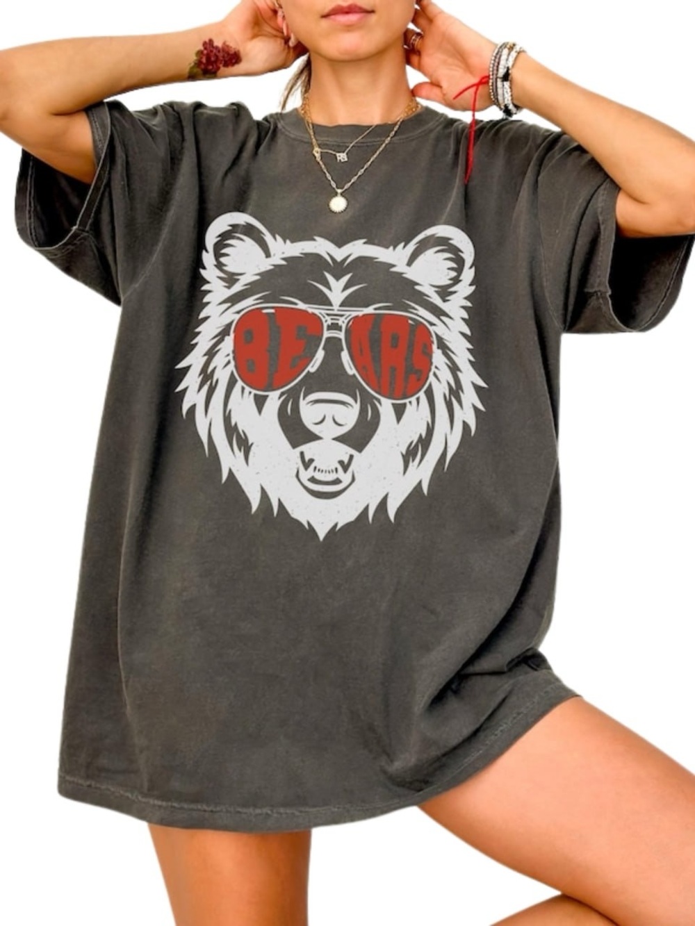 Comfort Colors Short Sleeve Bear Graphic Tee in Charcoal with Red Accent